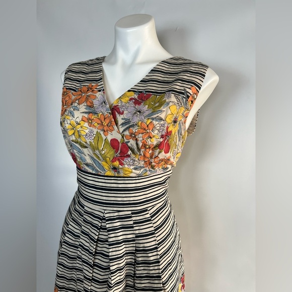 KEW London Y2K Floral Striped Midi Dress Linen Cotton Blend Vintage 2000s Large - Picture 2 of 6